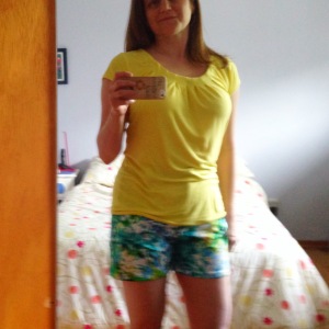 Yellow Butterick t-shirt again, with new Style Arc Jasmine shorts--mostly blue, but some yellow too.